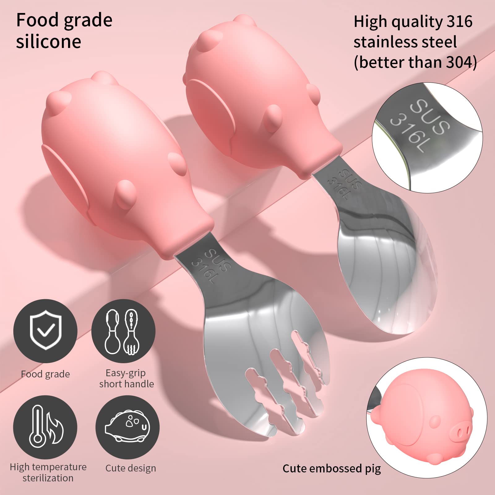 Deejoy Toddler Utensils, Toddler Spoons and Forks, Stainless Steel Spoon Toddler Silverware Set, Kids Silverware Self Feeding Fl